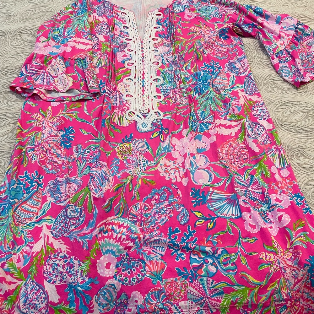 Lilly Pulitzer Pink and Blue Plunge Neck Bell Sleeve Sundress
